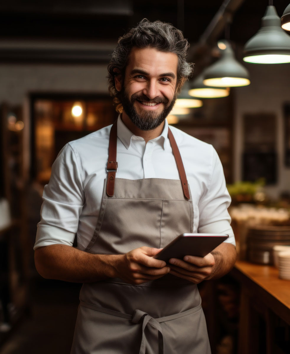 Man in an apron standing in a restaurant holding a tablet device to use no fee credit card processing on the go